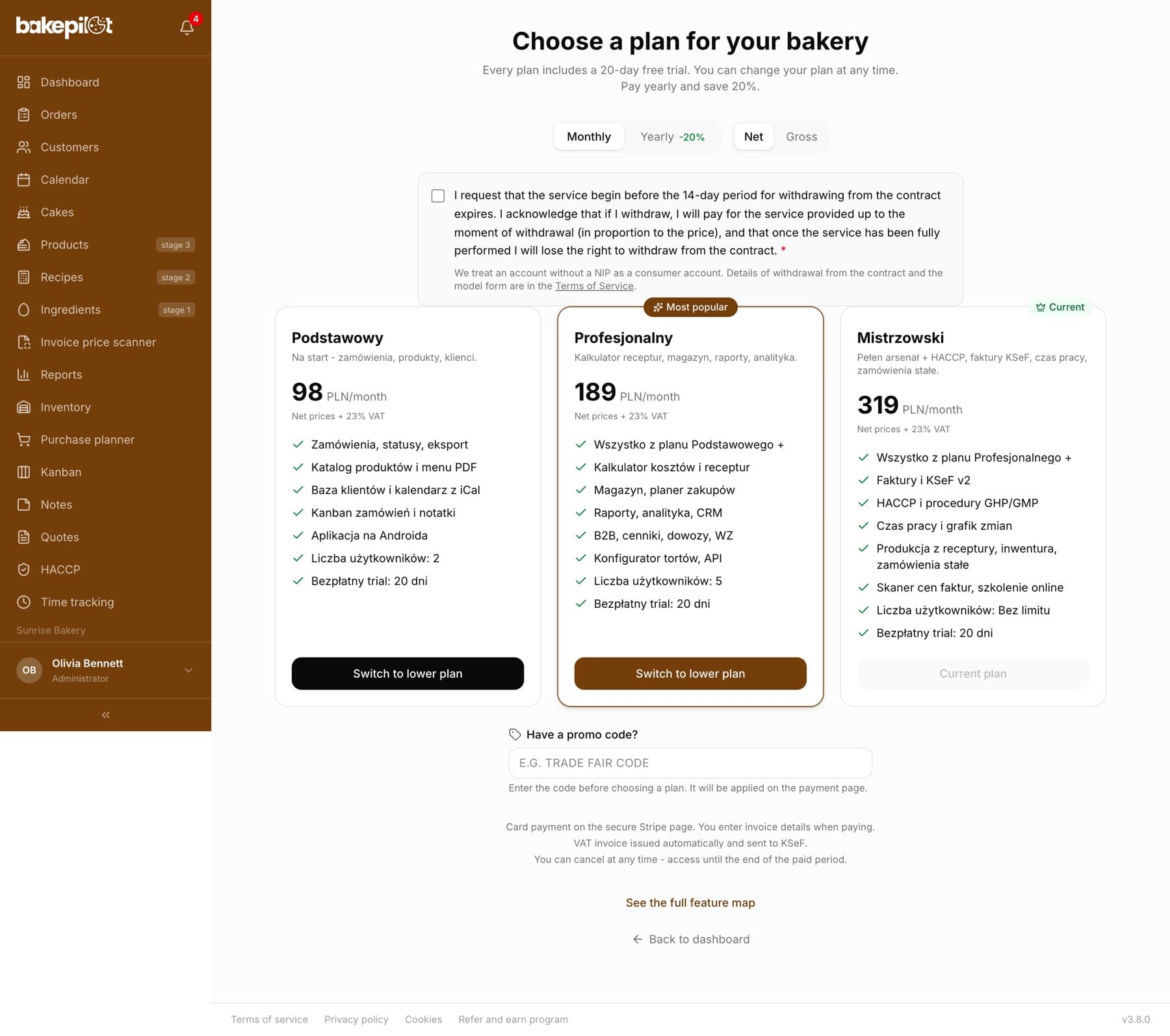 The Choose a plan for your bakery page: Monthly / Yearly -20% and Net / Gross switches, plan cards Podstawowy (98 PLN/month, 2 users), Profesjonalny (189 PLN/month, 5 users) and Mistrzowski (319 PLN/month, unlimited users) with Choose plan buttons, the Have a promo code? field and a note about card payment on a secure Stripe page