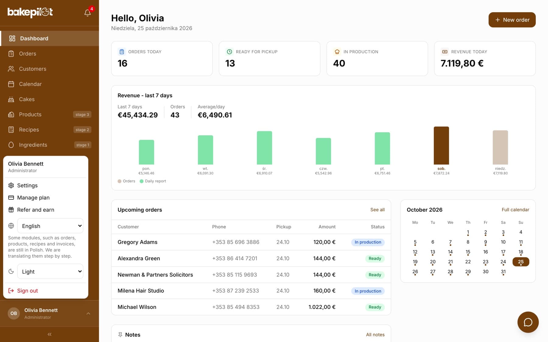 BakePilot Dashboard with the user menu open: Settings, Manage plan, Refer and earn, the language field and Sign out