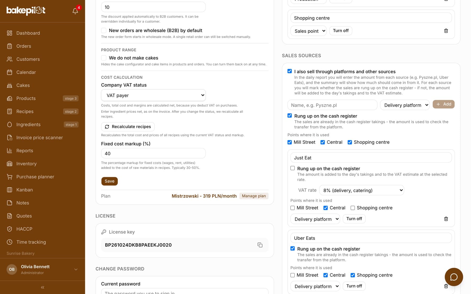 The Sales sources section in Settings: the Pyszne.pl source with Rung up on the cash register unticked, the VAT rate field set to 8% (delivery, catering) and one ticked point, Centralna; below, Uber Eats with Rung up on the cash register ticked. On the left, part of the Cost calculation section with the company VAT status field
