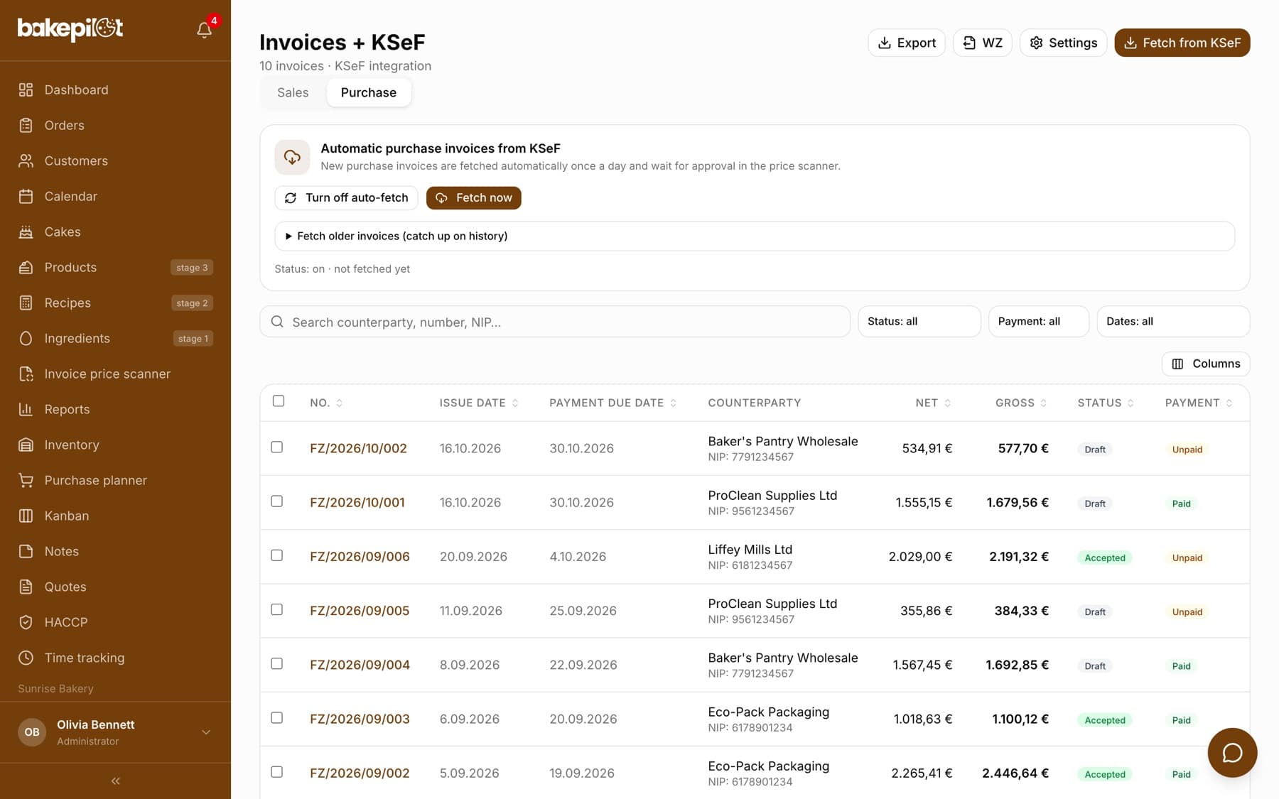 Purchase invoices downloaded from KSeF with counterparty, amount and payment status