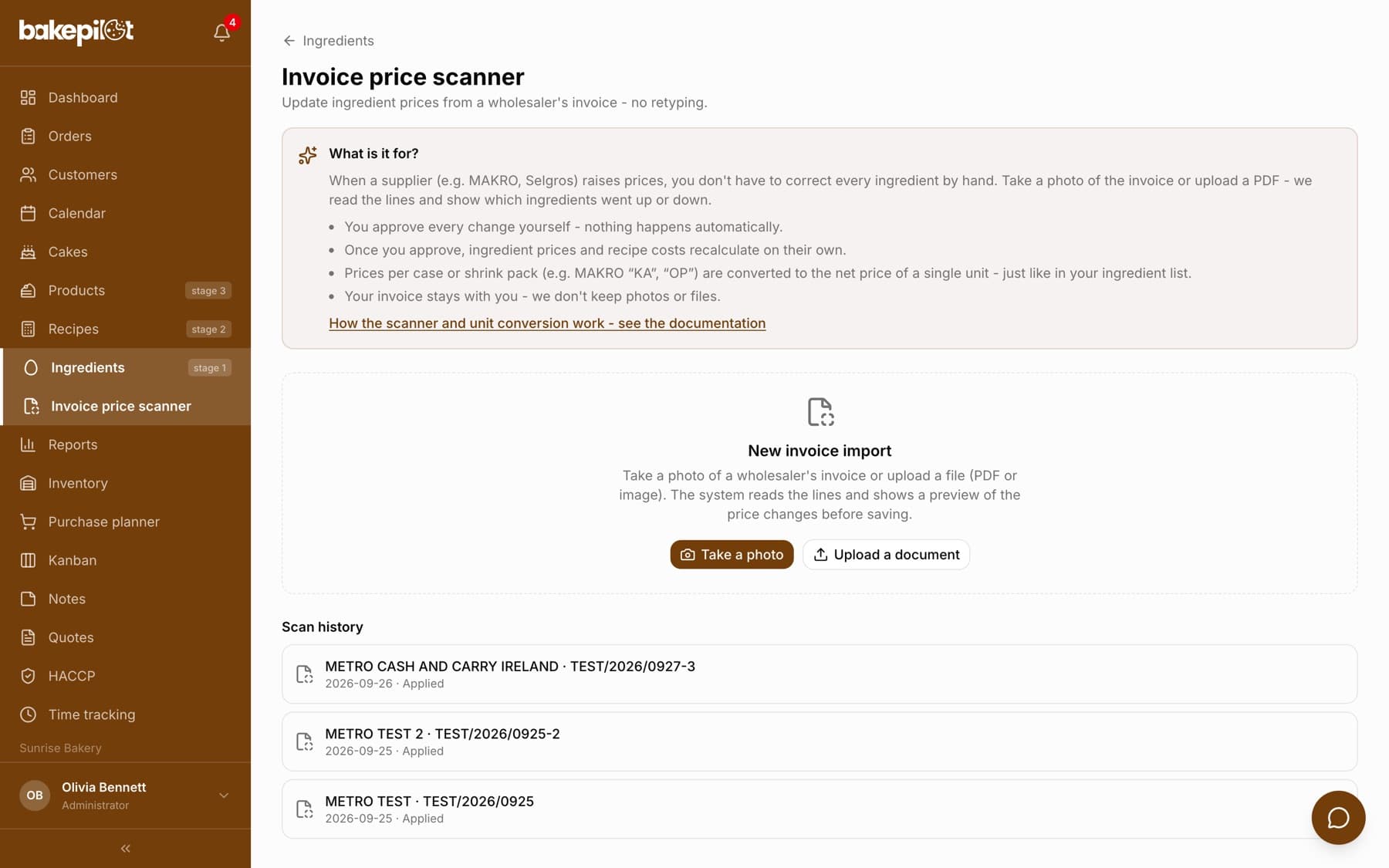 Invoice price scanner in the Ingredients module: Take a photo and Upload a document buttons and the scan history