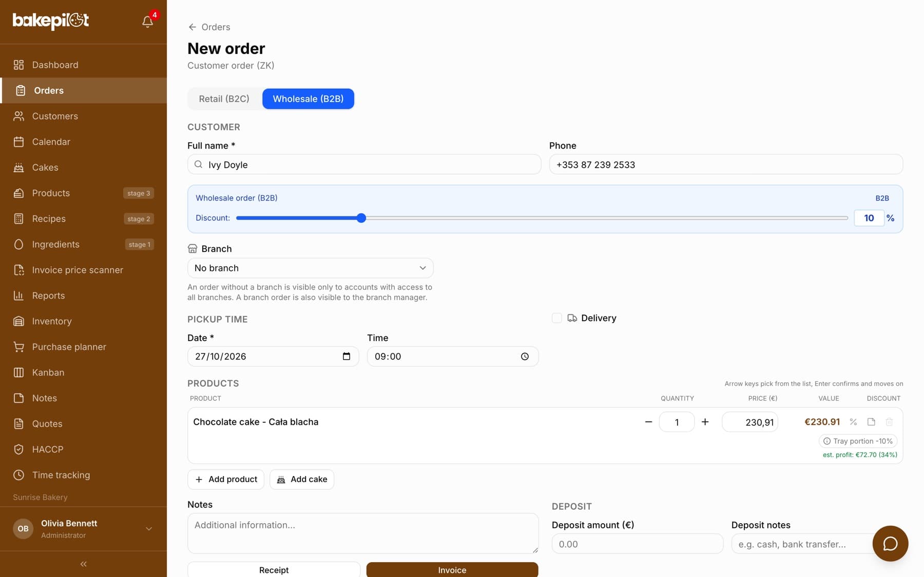 Order form in Wholesale (B2B) mode with the blue bar and a discount slider at 10%