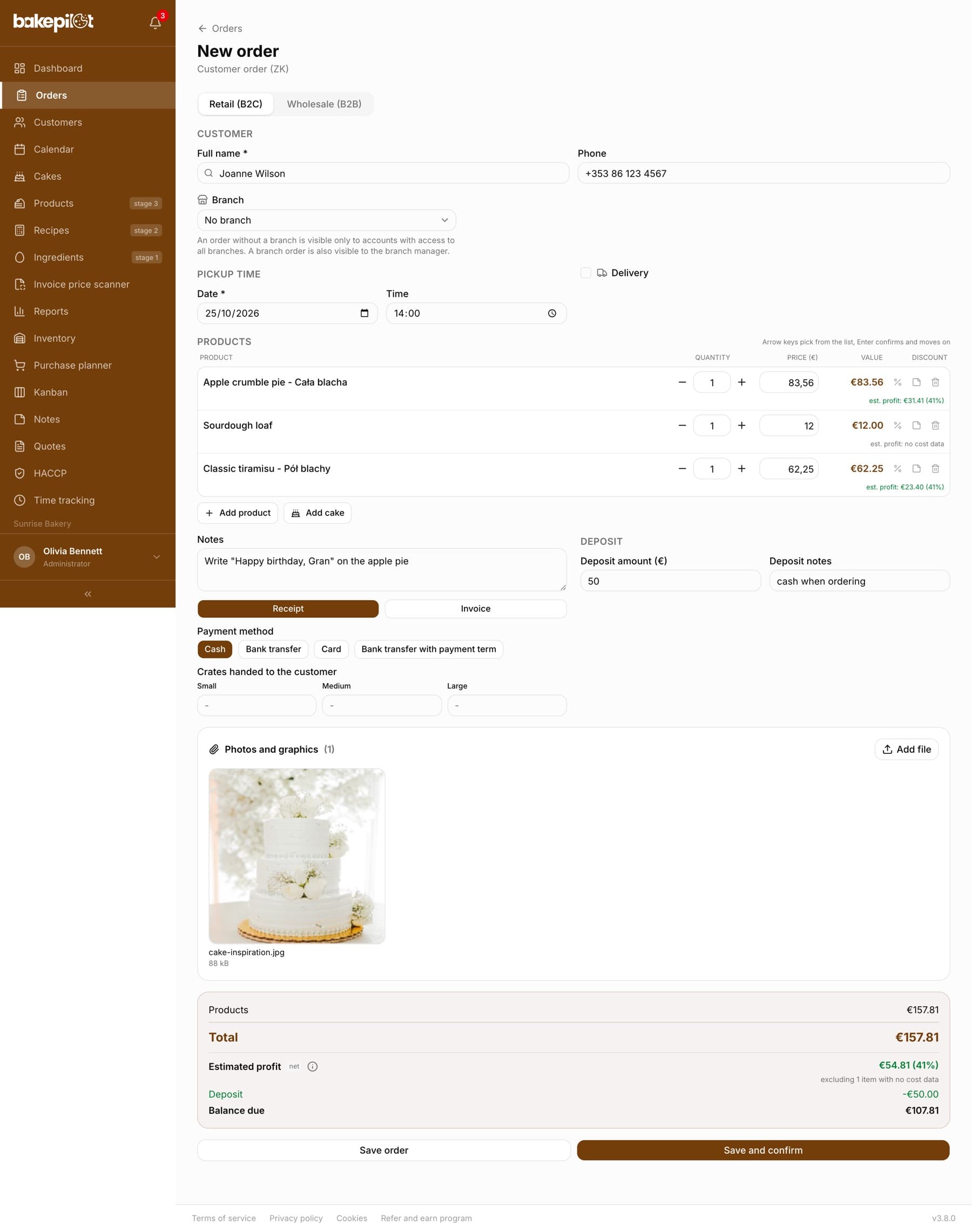 New order form with the Configure cake button next to Add product