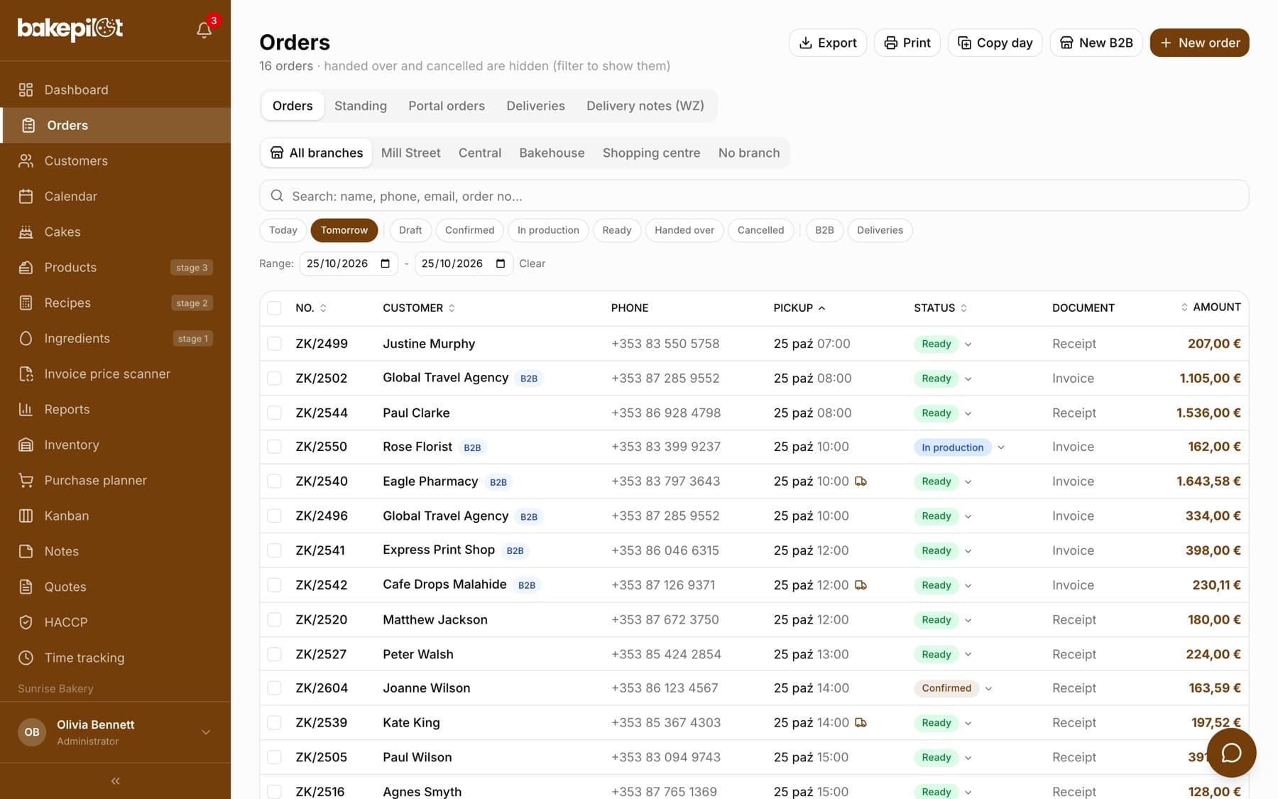 Order list with the Export, Print, Copy day, New B2B and New order buttons, the Orders, Standing, Portal orders, Deliveries and Delivery notes (WZ) tabs, a row of branches All branches, Fabryczna, Centralna, Galeria, Pracownia, No branch, a search box, status filters, a date range and the order table