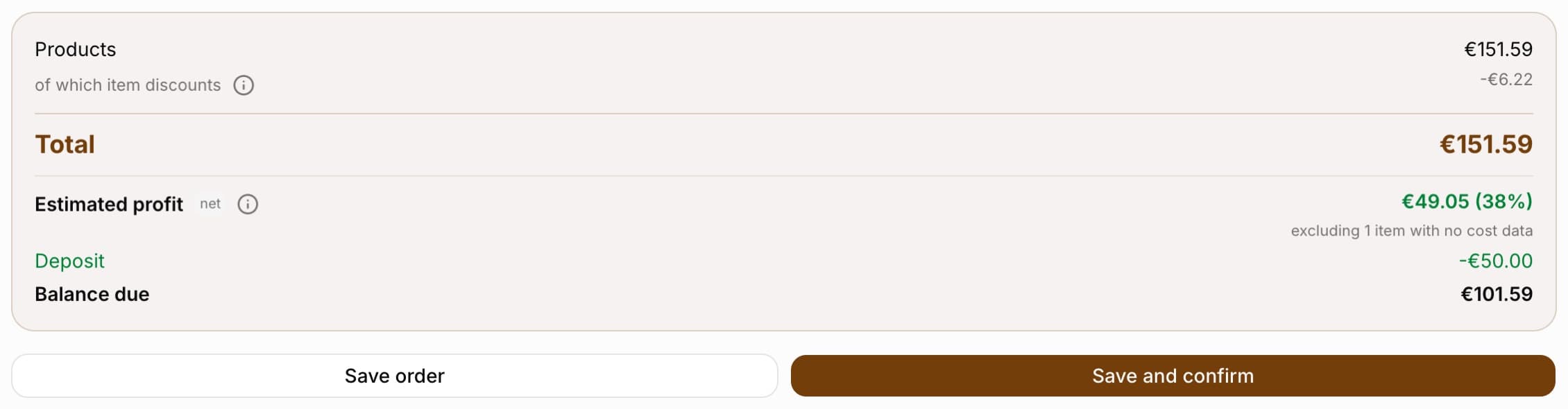 Order form summary: “Products 175.20 PLN”, “of which item discounts -4.80 PLN”, “Total 175.20 PLN”, the “Estimated profit” row with a “net” marker and the green amount “88.61 PLN (59%)” with the note “excluding 1 item without cost data”, the deposit, “Balance due” and the “Save order” and “Save and confirm” buttons