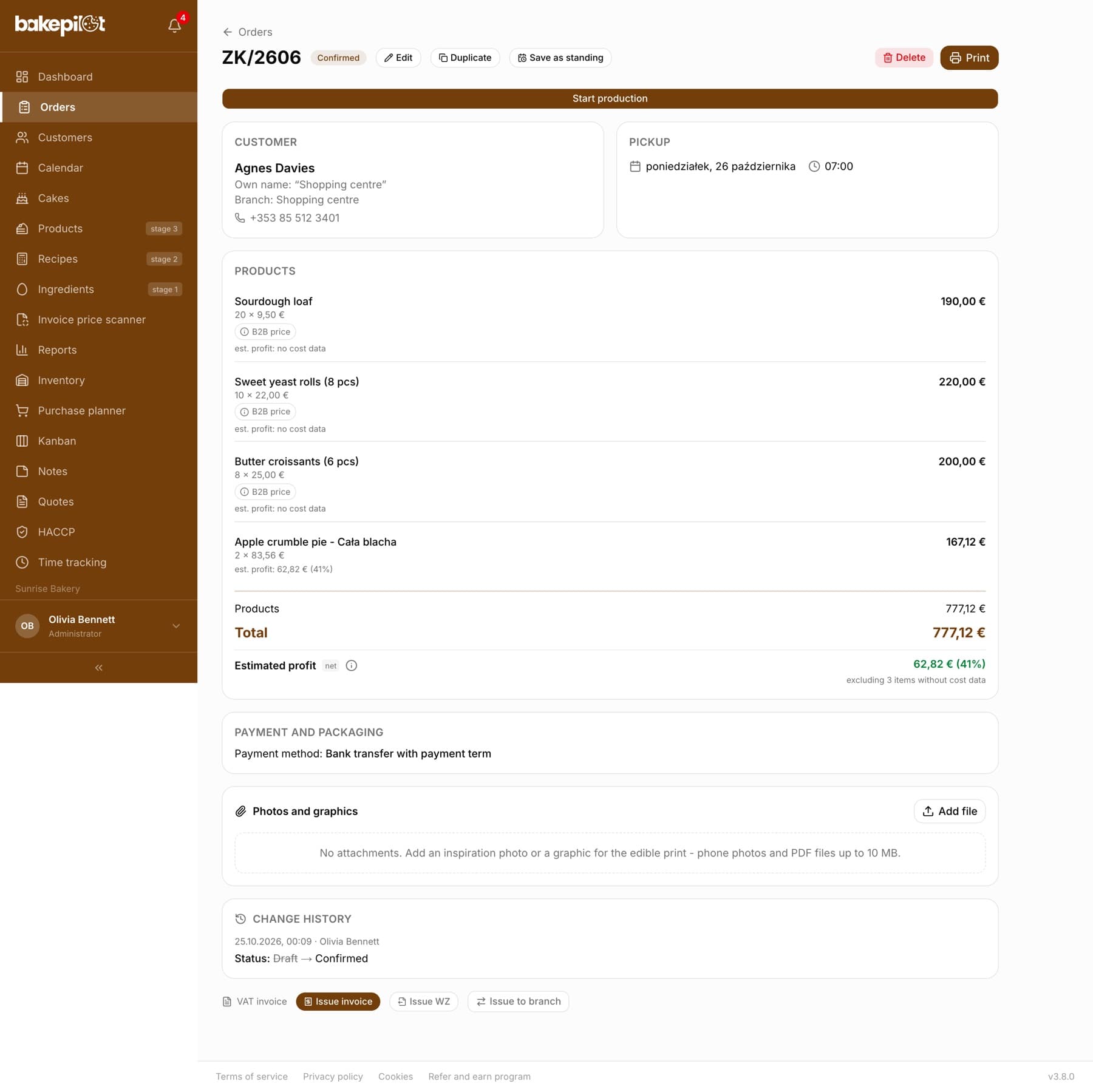Card of wholesale order ZK/202: a customer with the short name “Galeria” and the field “Branch: Galeria”, items with the “B2B price” badge and the “est. profit” note, the net “Estimated profit” row, the Bank transfer payment method with a due date and the “Issue invoice”, “Issue WZ” and “Issue to branch” buttons