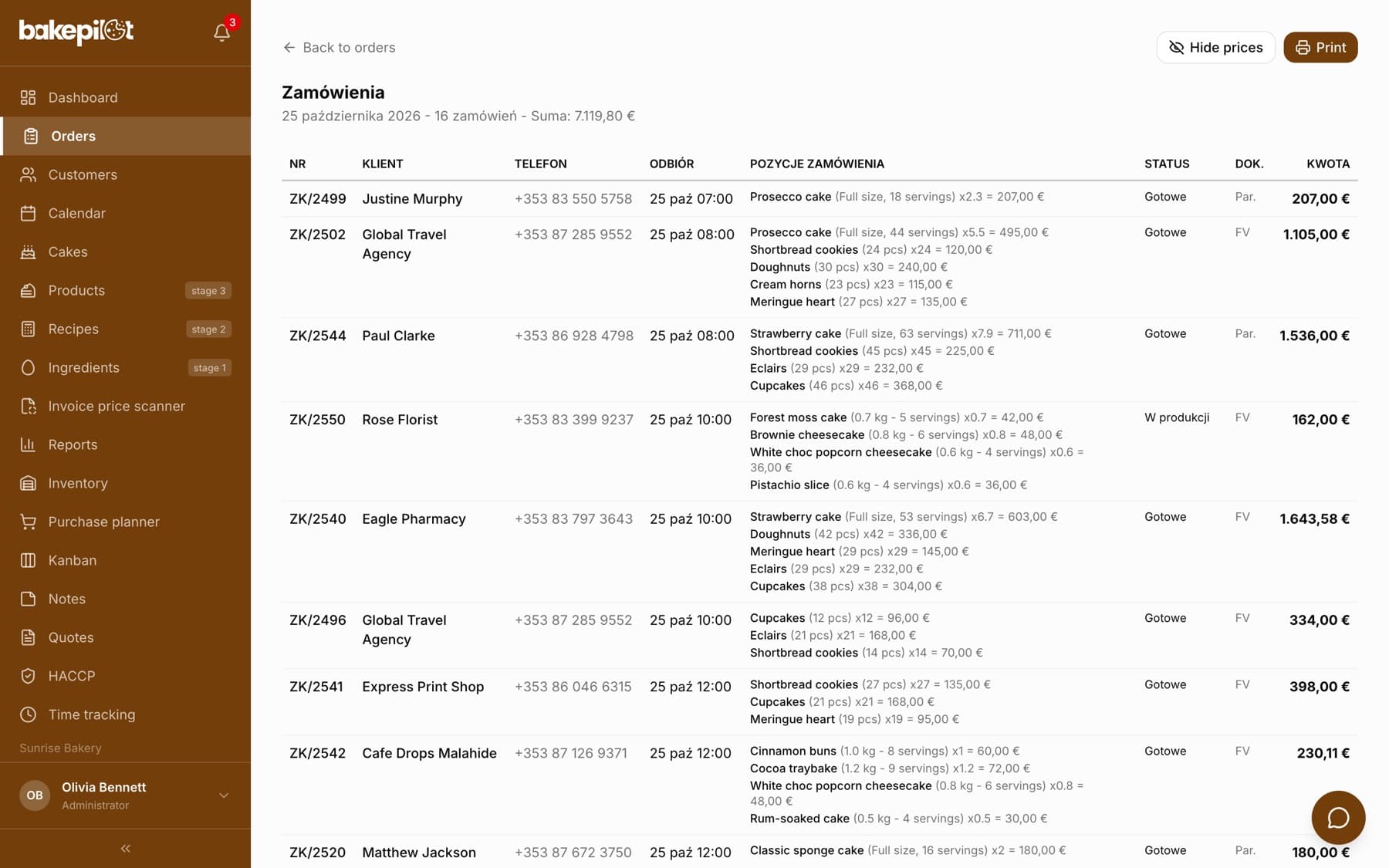 Print page of the order list for October 18, 2026 (6 orders): a table with the No., Customer, Phone, Pickup, Order items, Status, Doc. and Amount columns, a TOTAL row and the Hide prices and Print buttons