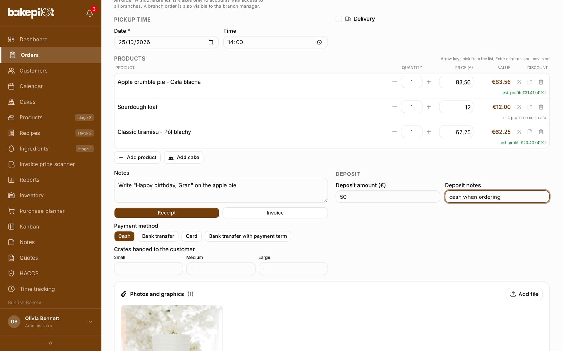 Order form with the Deposit section: the Deposit amount (PLN) field with an amount and Deposit notes, and in the summary the Total, Deposit (as a minus) and Balance due rows