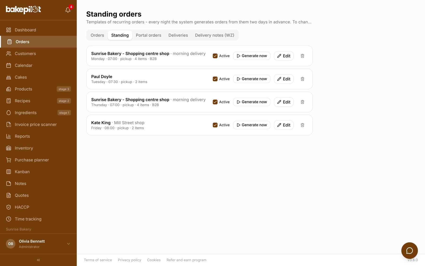 List of standing orders: four templates with the customer name, label, day of the week, time, number of items, the Active field and the Generate now and Edit buttons and a bin icon