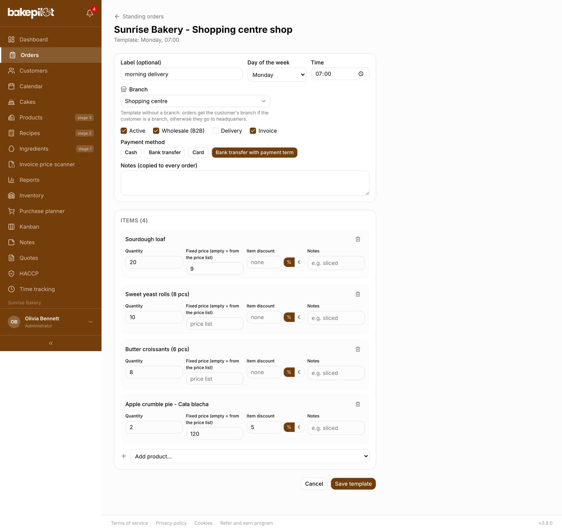 Standing order template editor: Label “morning delivery”, Day of the week Monday, Time 07:00, the Branch field set to Galeria, the Active, Wholesale (B2B), Delivery and Invoice fields, Payment method, Notes and four items with the Quantity, Fixed price (empty = from the price list), Item discount with a “%” / currency switch and Notes fields; the apple pie has a 5% discount