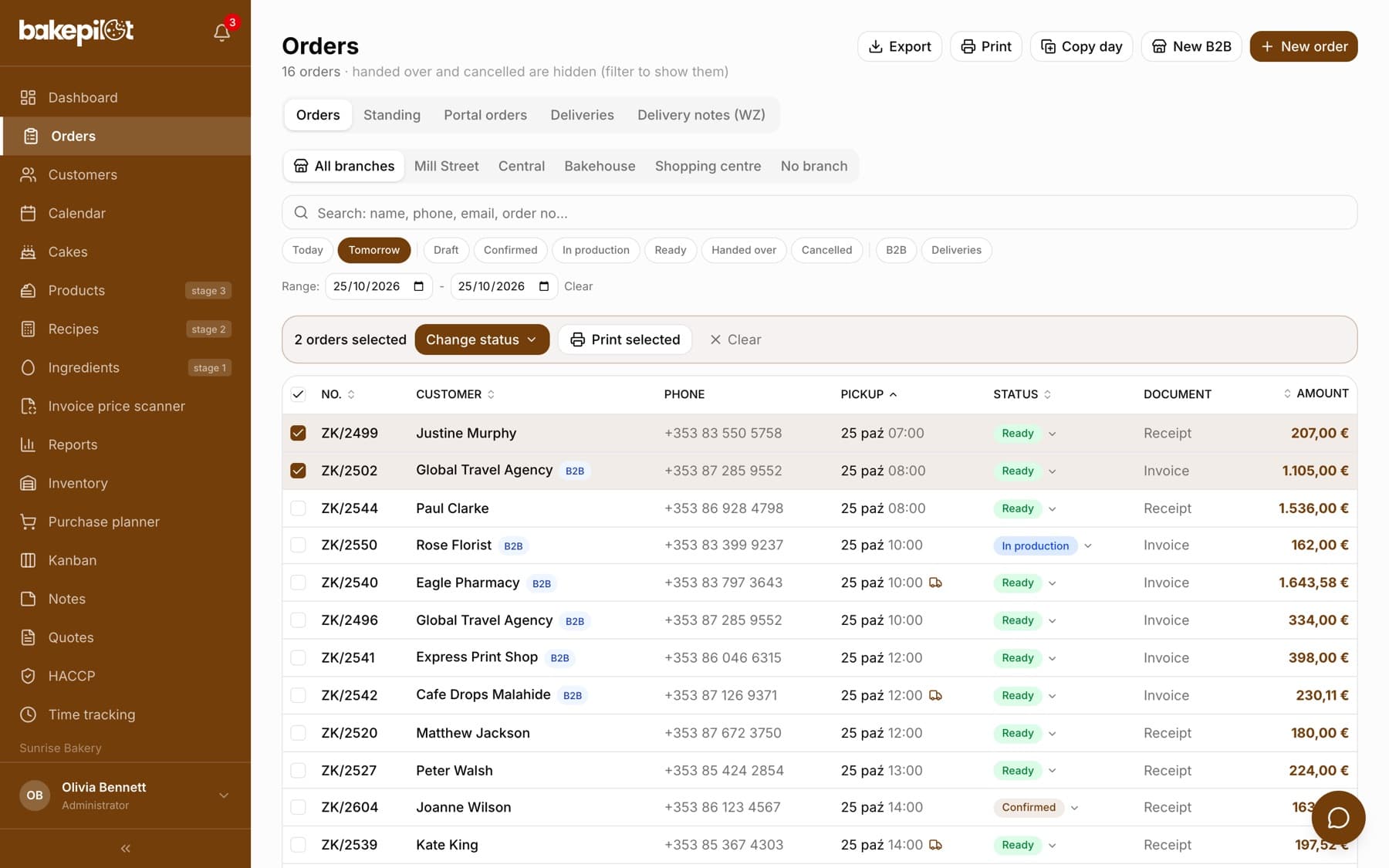 Order list with two selected rows and the bar 2 orders selected, Change status, Print selected, Clear