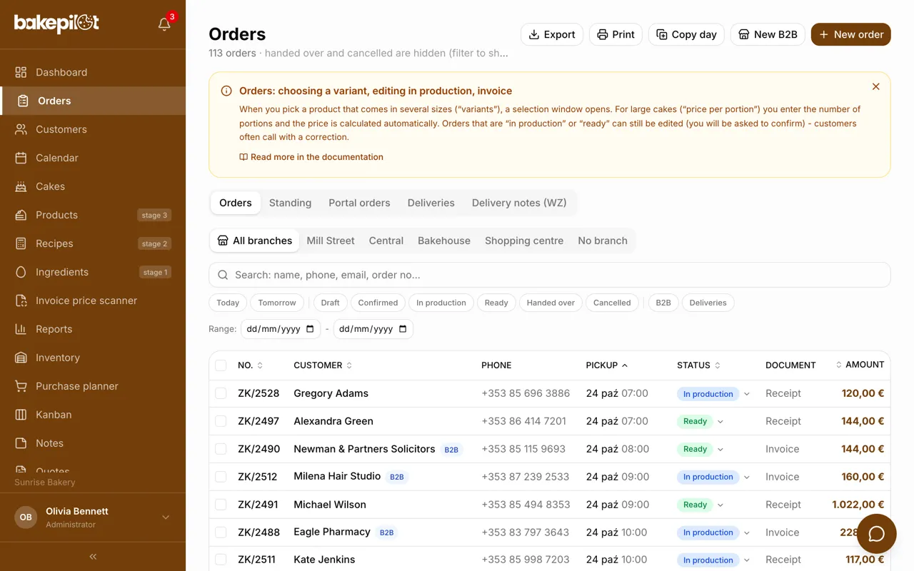 Order list: number, customer, pickup date, status and amount