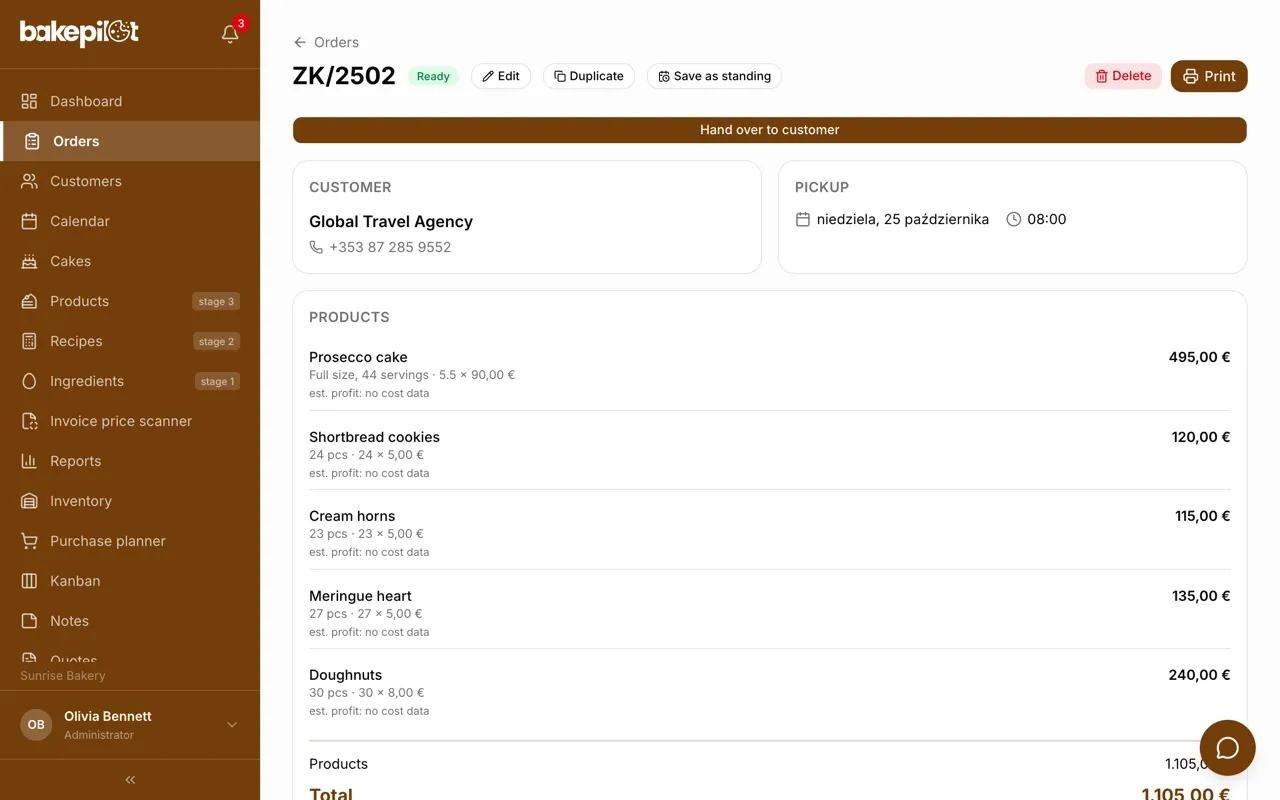 Details of order ZK/375: customer, pickup, products, receipt and the Issue WZ button