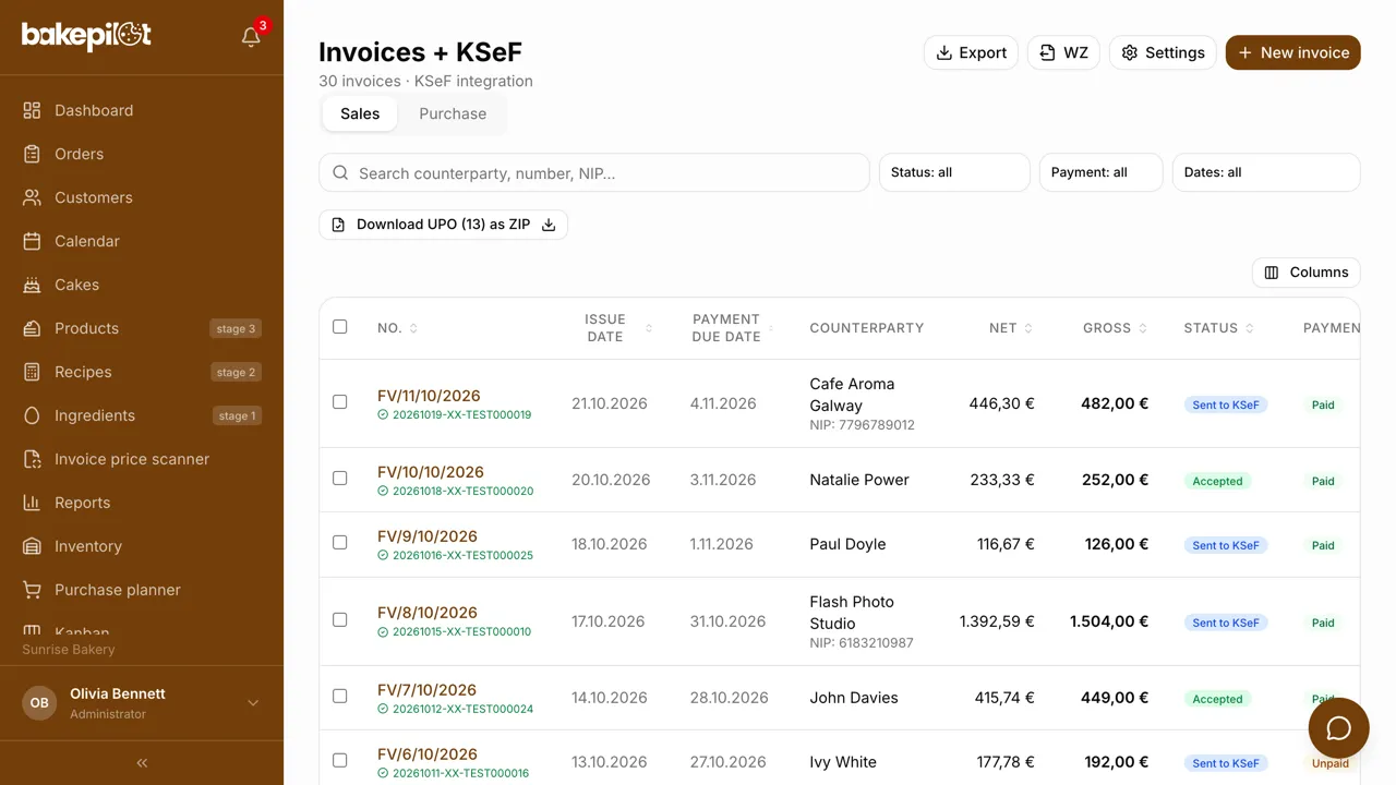 Sales invoice list with KSeF submission and payment status