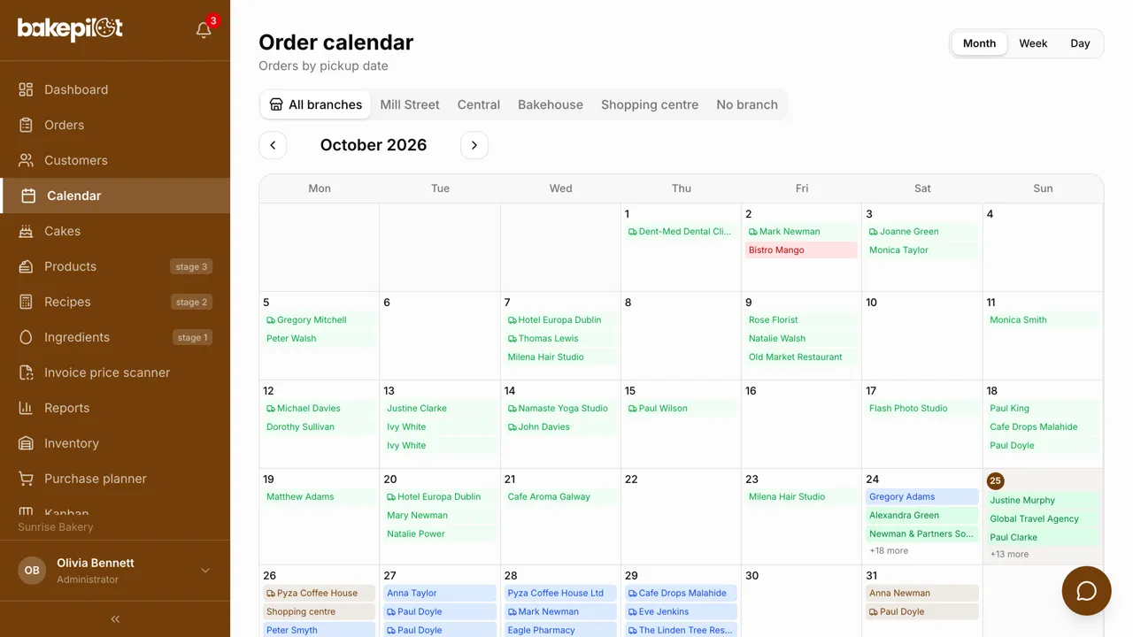 Order calendar in BakePilot on a computer