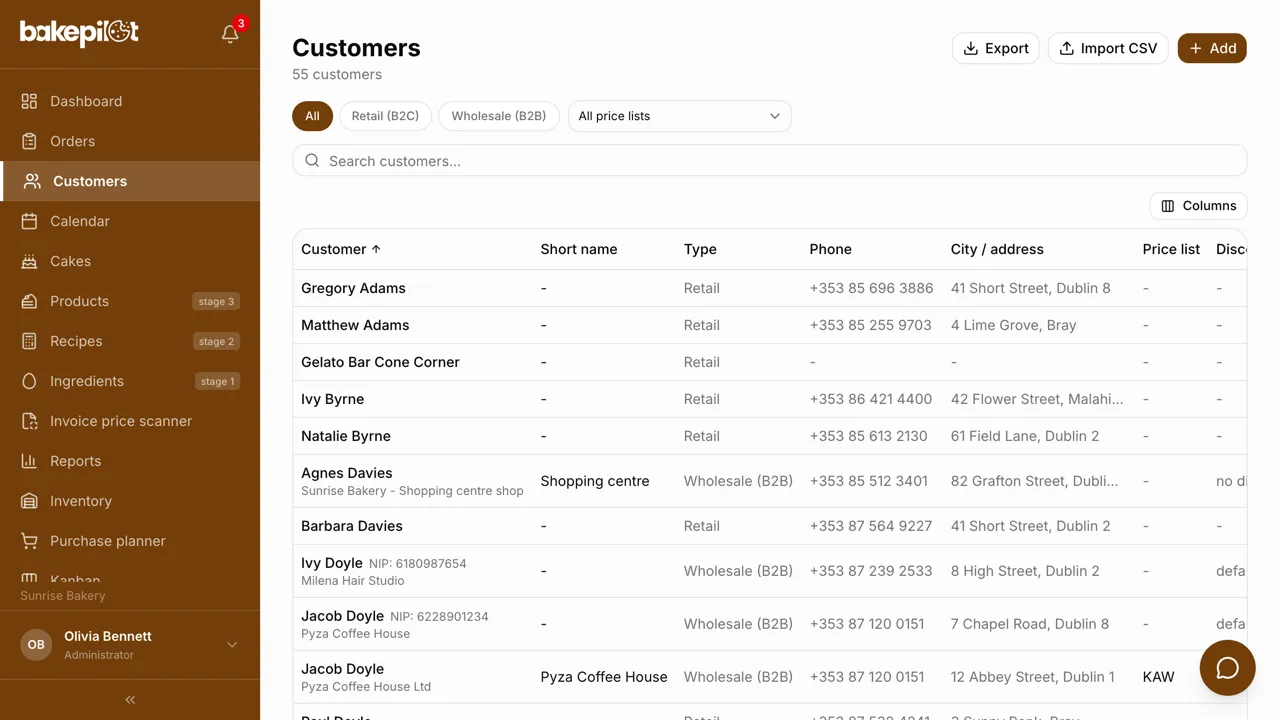 Customer list with phone, email, number of orders and total amount
