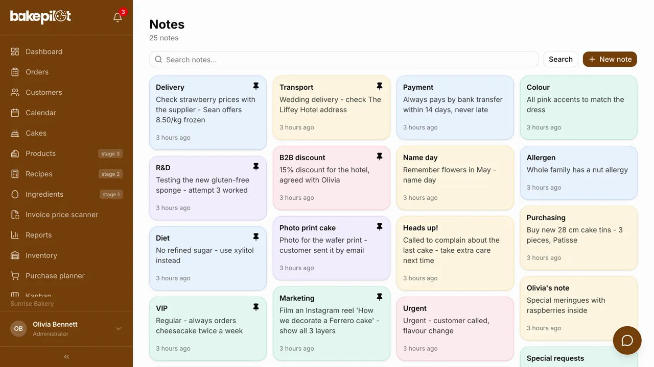 Colored team notes with pinned notes at the top