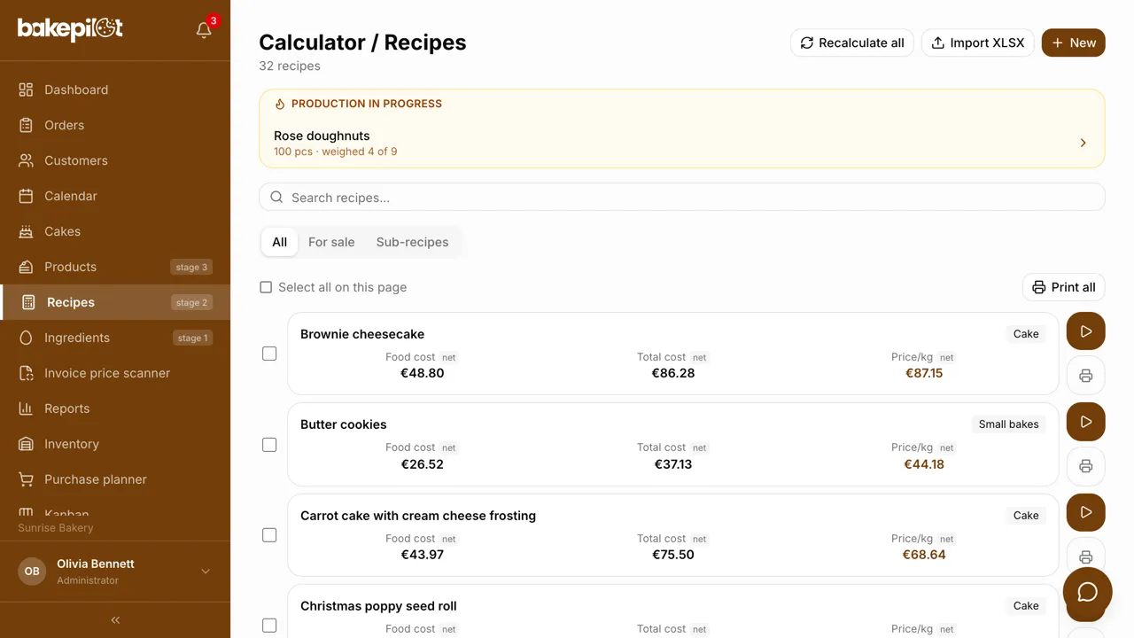 Recipe list with food cost, total cost and price per kilogram