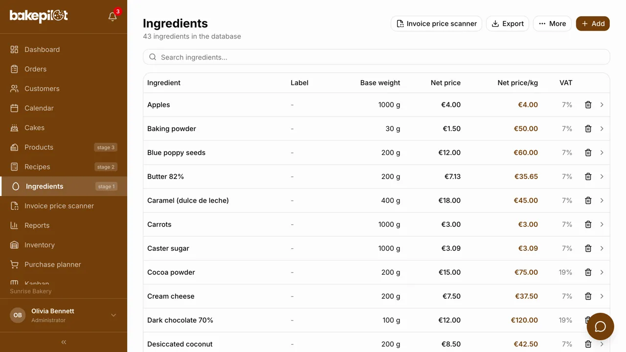Ingredient database with base weight, price, price per kilogram and VAT rate