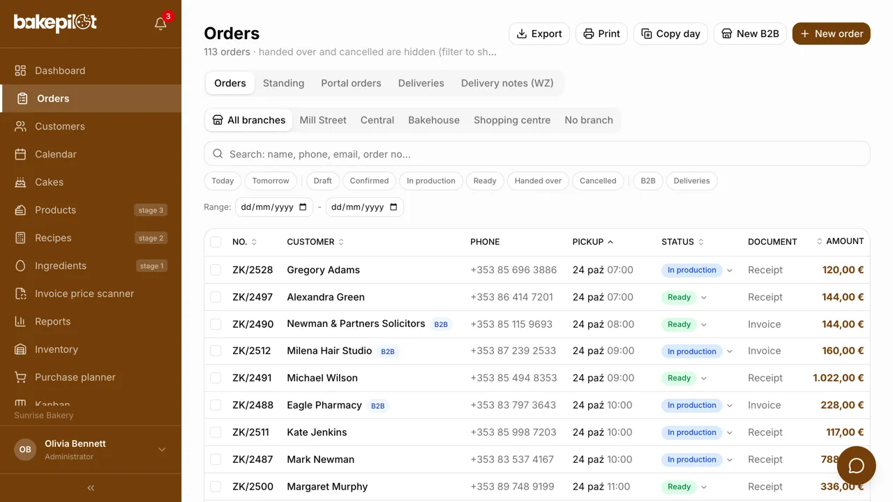 BakePilot order list instead of a notebook and a spreadsheet