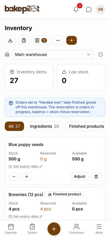 Inventory on a phone with the stock, reservation and balance of an ingredient