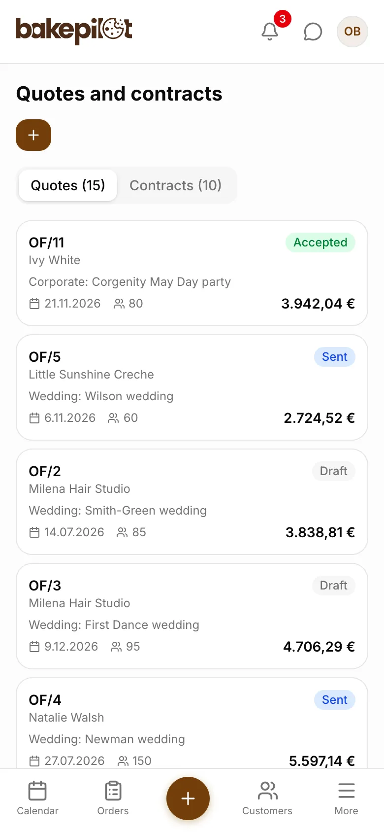 Quotes on a phone with status and amount