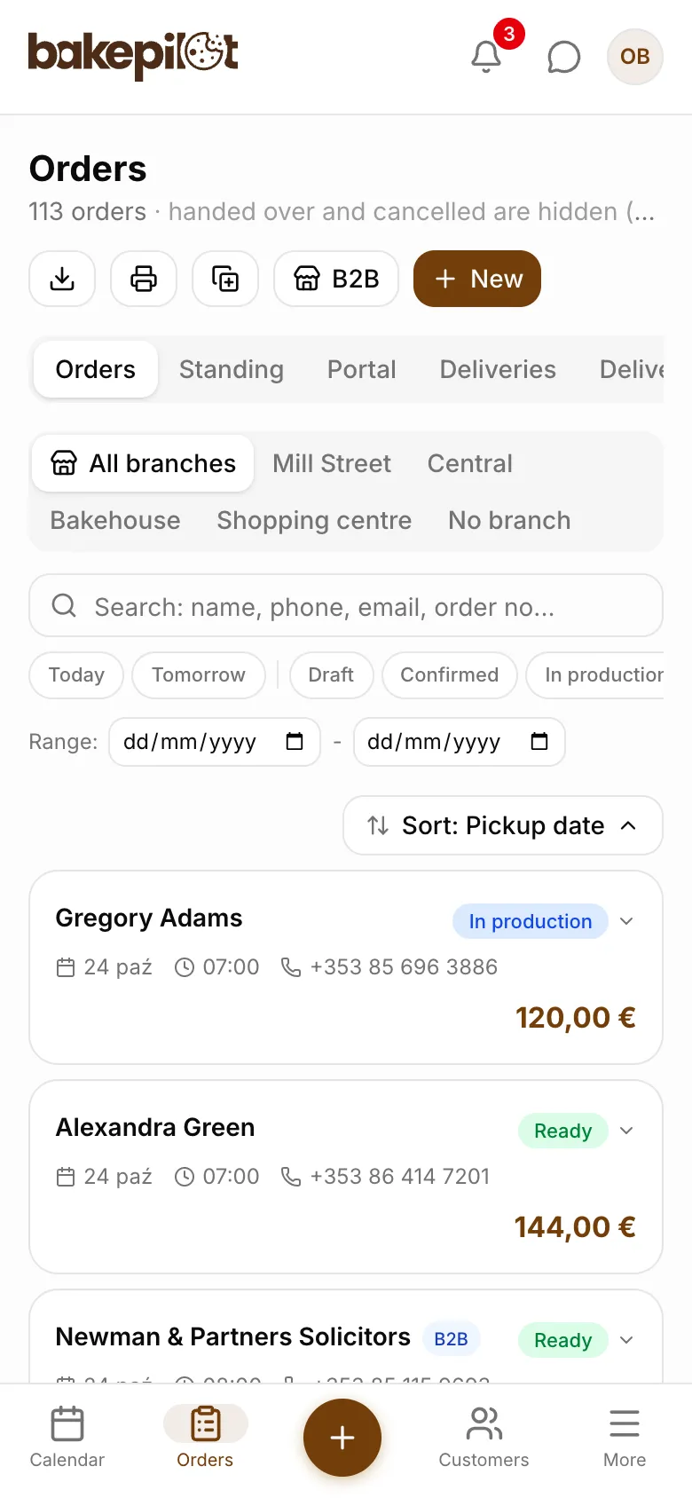 Order list in the pastry shop software on a phone